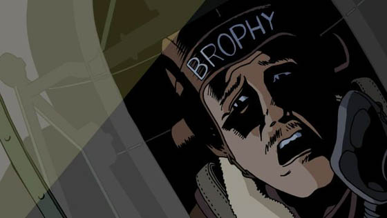 Le visage de Brophy reflète la terreur au moment où un projecteur inonde l'appareil de lumière