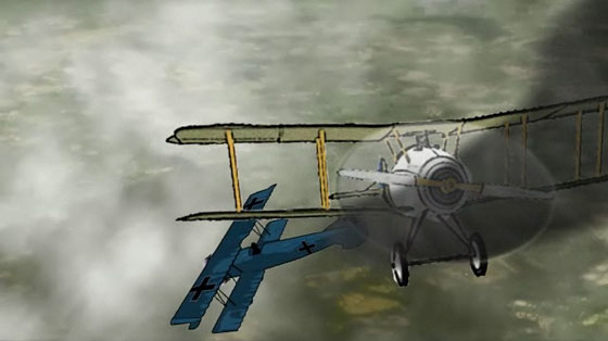Le Fokker allemand éclate en flammes pendant que Barker vole tout droit