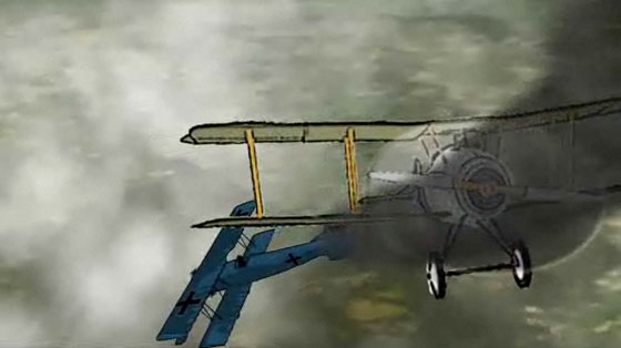 The German Fokker breaks up in flame as Barker flies straight through