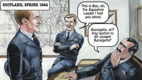 Now 25 years old and wearing an air force uniform, Bazalgette stands at attention before the desk of a group captain.