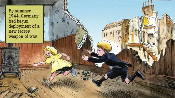 A little boy chases a little girl across the brick rubble of a destroyed row-house