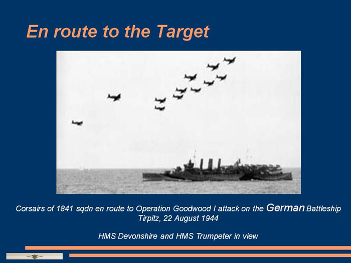 Corsairs of 1841 squadron en route to Operation Goodwood I attack on the German Battleship Tirpitz, 22 August 1944 - HMS Devonshire and HMS Trumpeter in view