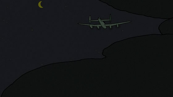 The Lancaster, dark, flies into the distance.